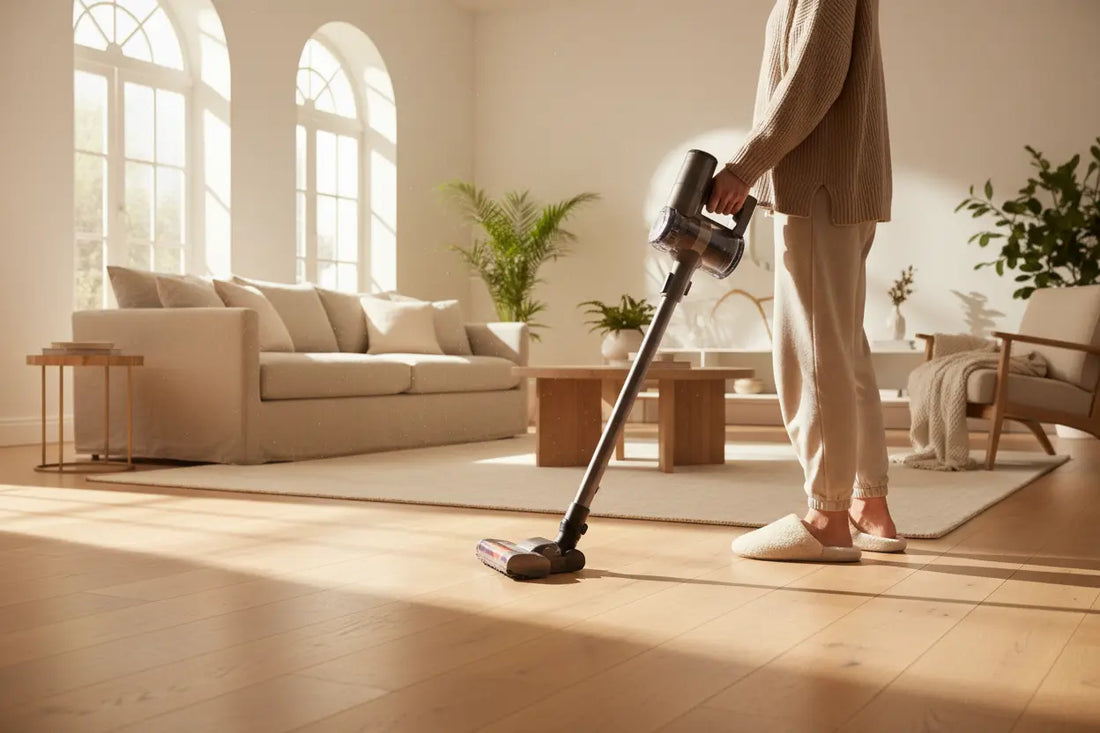 Woman in supportive slippers doing spring cleaning on hardwood floor