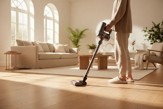 Woman in supportive slippers doing spring cleaning on hardwood floor