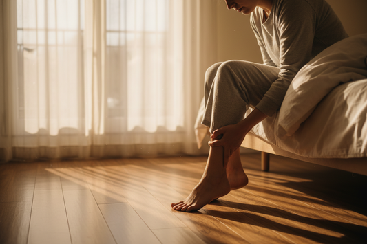 Person pressing hand on heel in morning showing the characteristic pain of heel spur on first steps