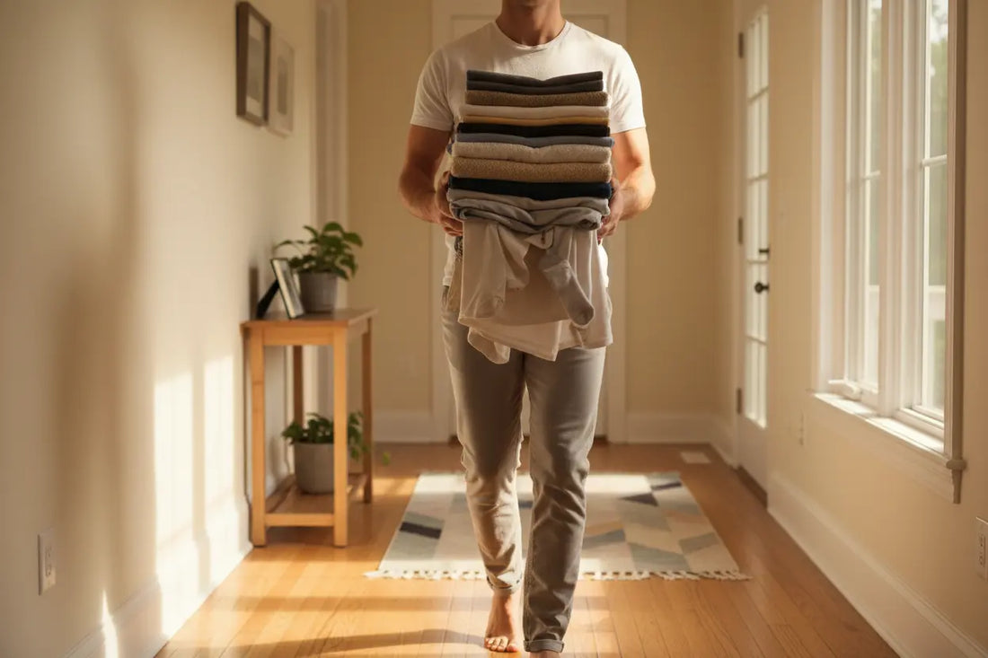 Person carrying laundry walking through home hallway representing daily indoor steps