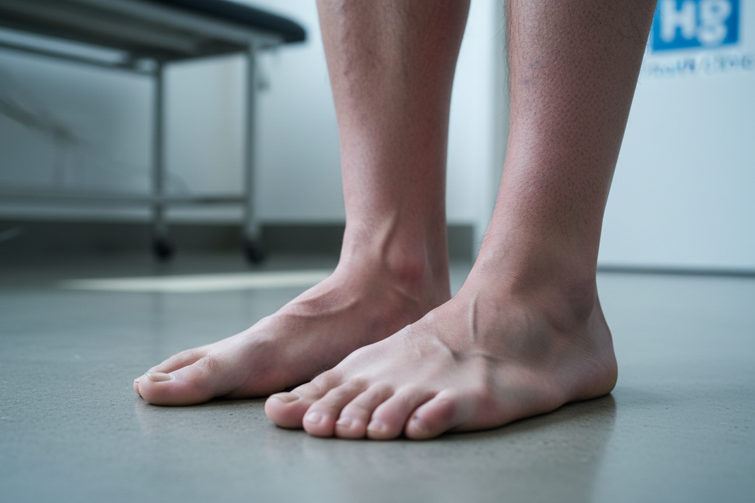 Bare feet on cold floor showing signs of poor circulation from standing without support
