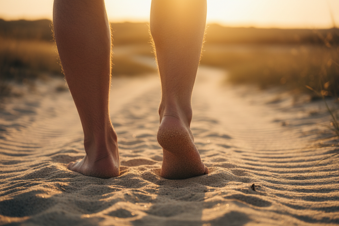 Bare feet walking on sandy path toward golden light representing a lifetime of steps and foot care
