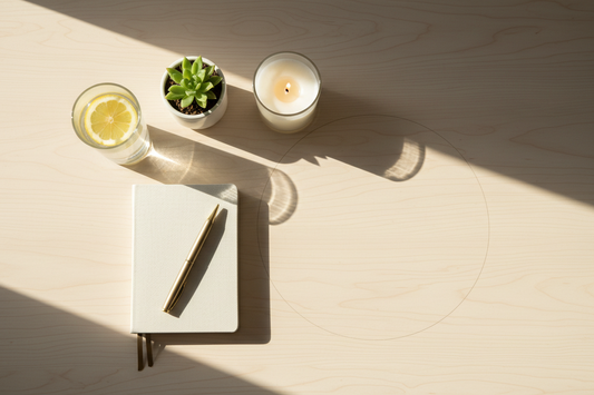 Wellness routine flat lay with space for slippers as the missing piece of daily self-care