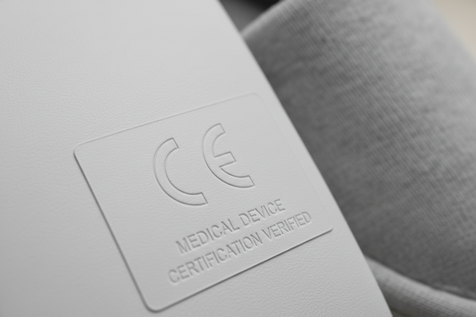 Close-up of CE medical certification mark showing DrLuigi slippers are verified medical devices