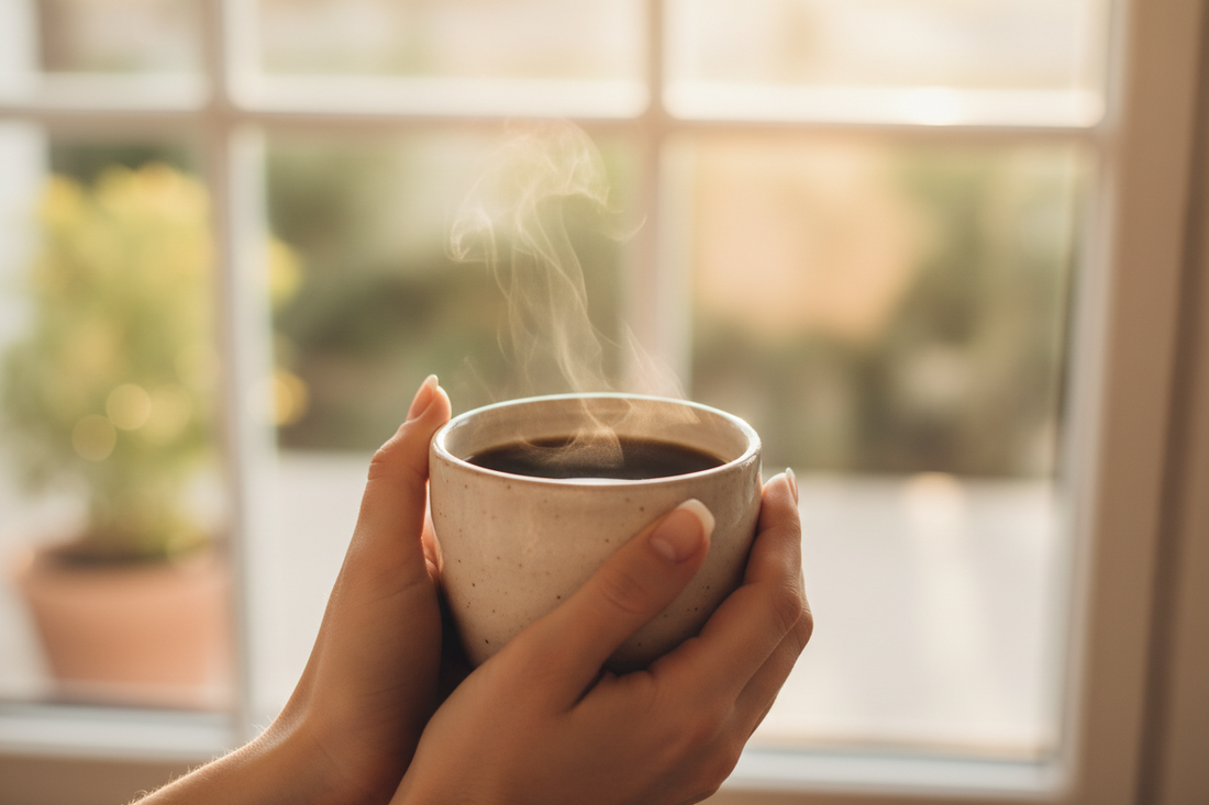 Hands holding steaming morning coffee by window representing the quiet moment before painful first steps
