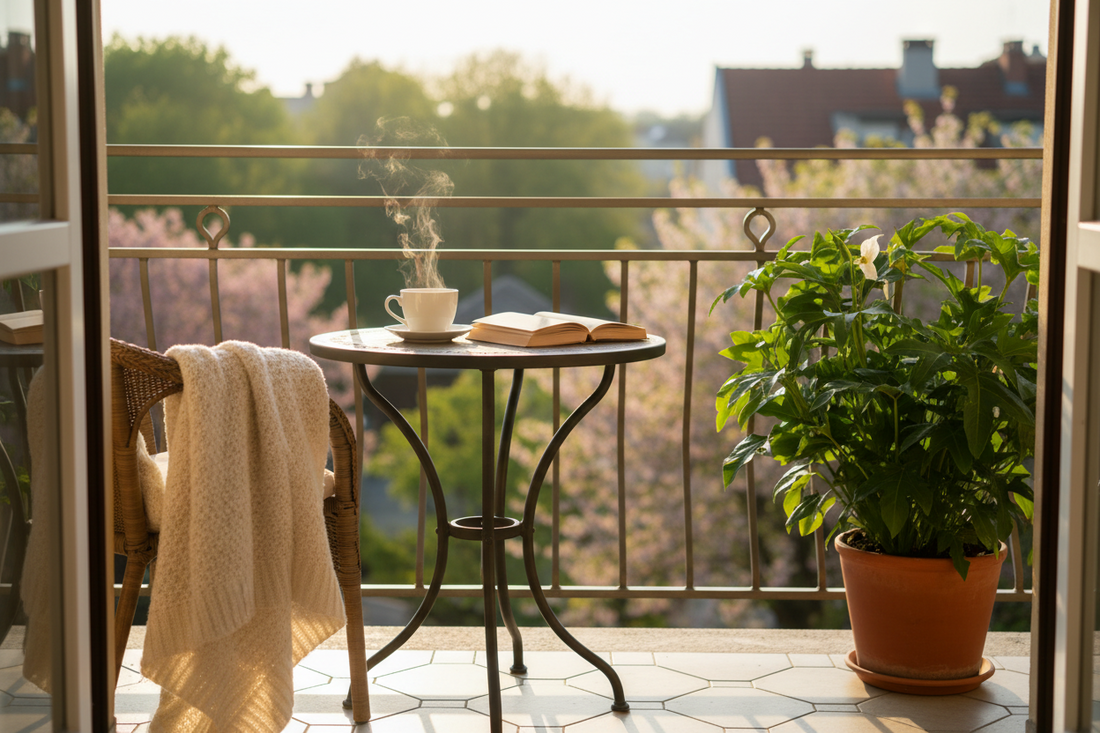 Peaceful spring balcony morning with coffee and plants representing relaxed outdoor comfort