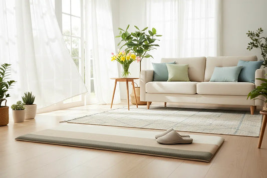 Foot-friendly home setup with cushioned mat and supportive slippers in bright spring living room