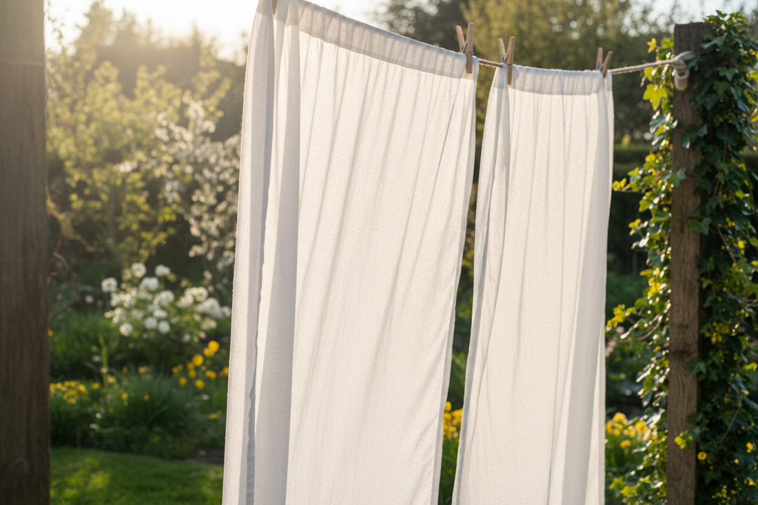 Sunlight through freshly washed fabric on clothesline representing slipper hygiene and freshness