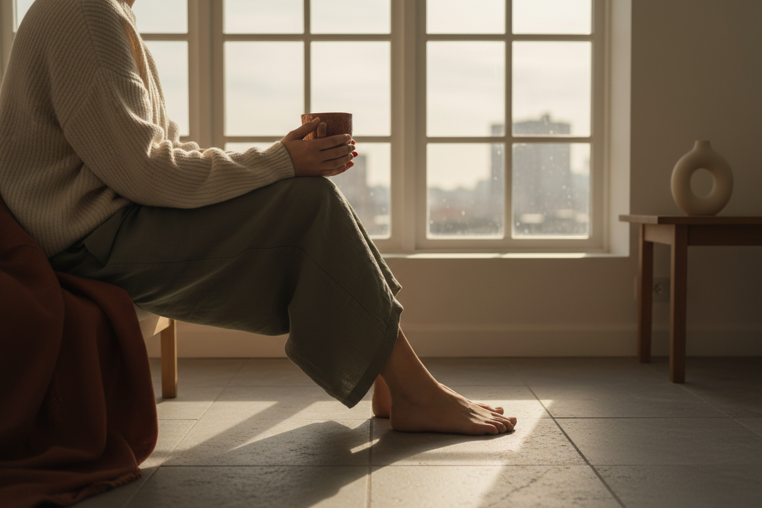 Person in quiet morning moment with coffee reflecting on self-care and daily comfort