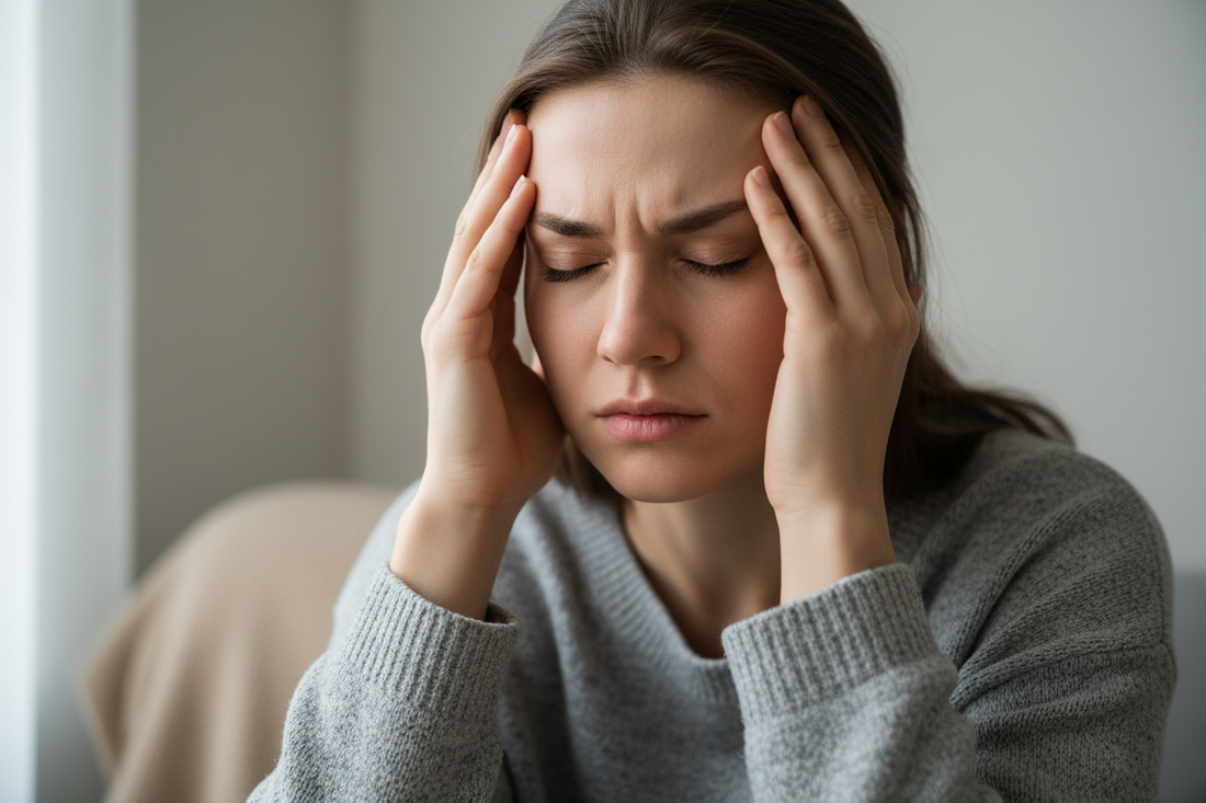 Person holding head with both hands in headache pain showing tension that may originate from foot alignment