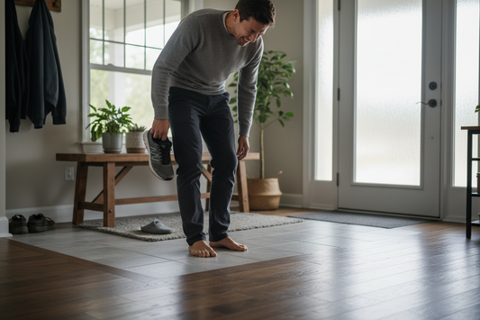 person removing shoes at home experiencing foot discomfort on hard floor