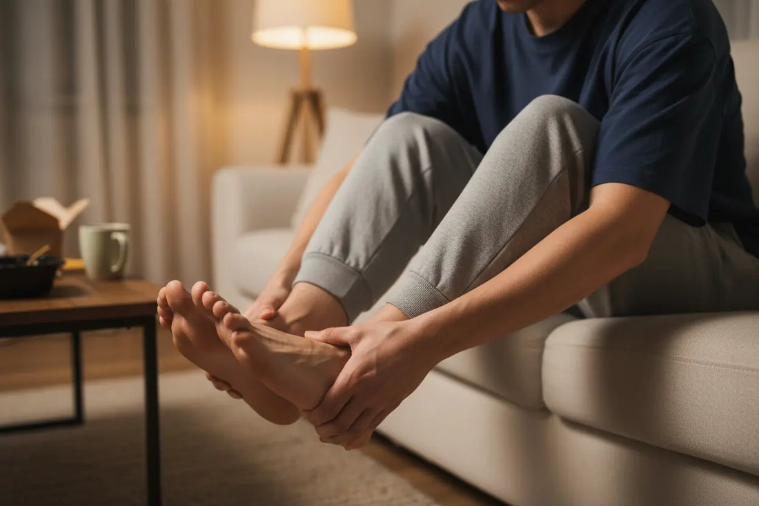 person with tired aching feet at end of a quiet day at home