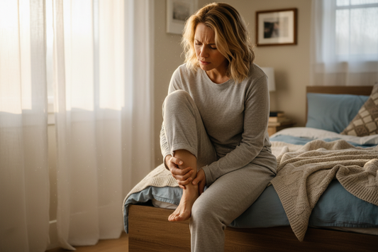 person with morning heel pain sitting on bed edge