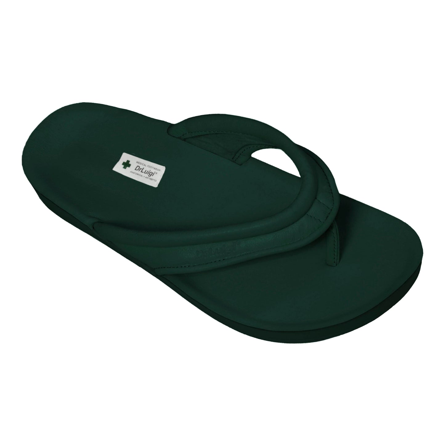 DrLuigi® Orthopädische Flip-Flops für Damen - Bequemes medizinisches Schuhwerk aus grünem Leder