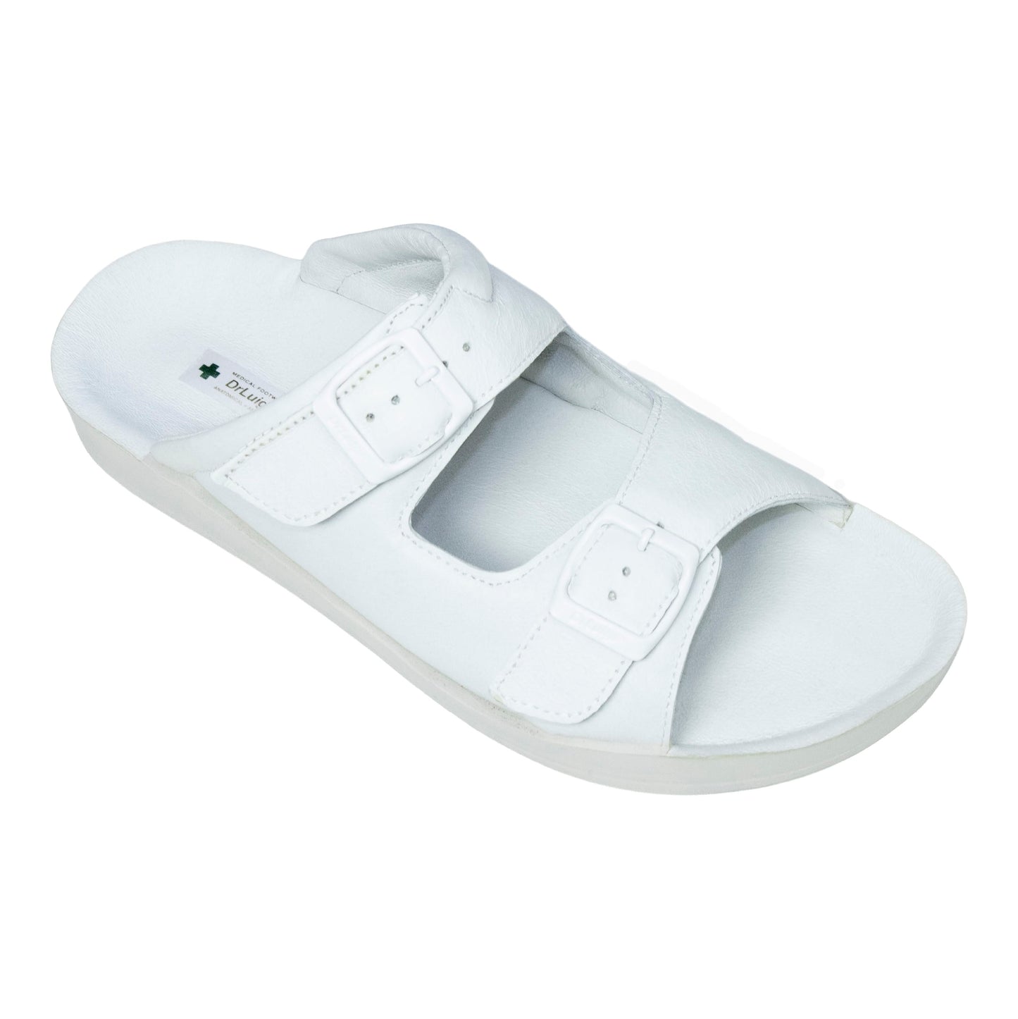 DrLuigi® Orthopädische Pantoletten für Herren mit 2 Lederriemen – Bequeme medizinische Schuhe aus weißem Leder