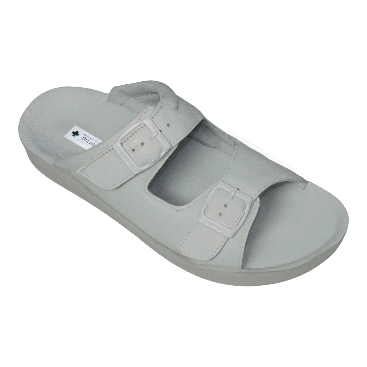 DrLuigi® Orthopädische Pantoletten für Damen mit 2 Riemen aus Leder – Bequeme medizinische Schuhe aus silbernem Leder